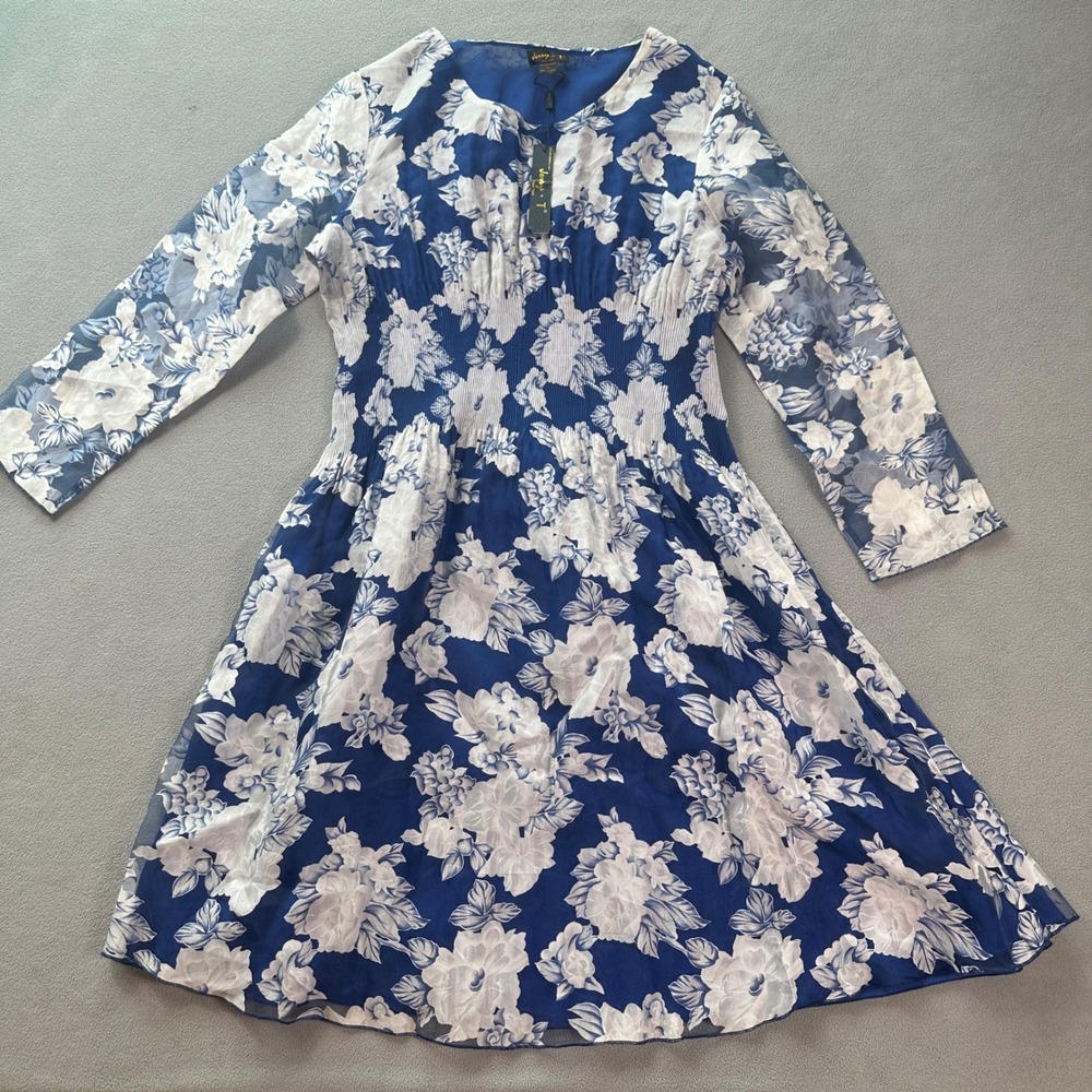 Jerry T Dress XXL Floral Print Blue White Sheer Mesh Pleated Waist Smocked NWT